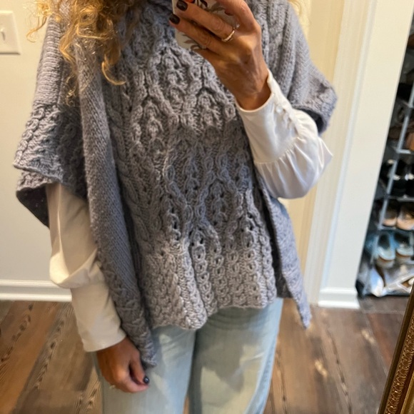 Handmade Cozy blue Cable Knit Turtleneck poncho one size turtle neck by Nancy - Picture 3 of 9